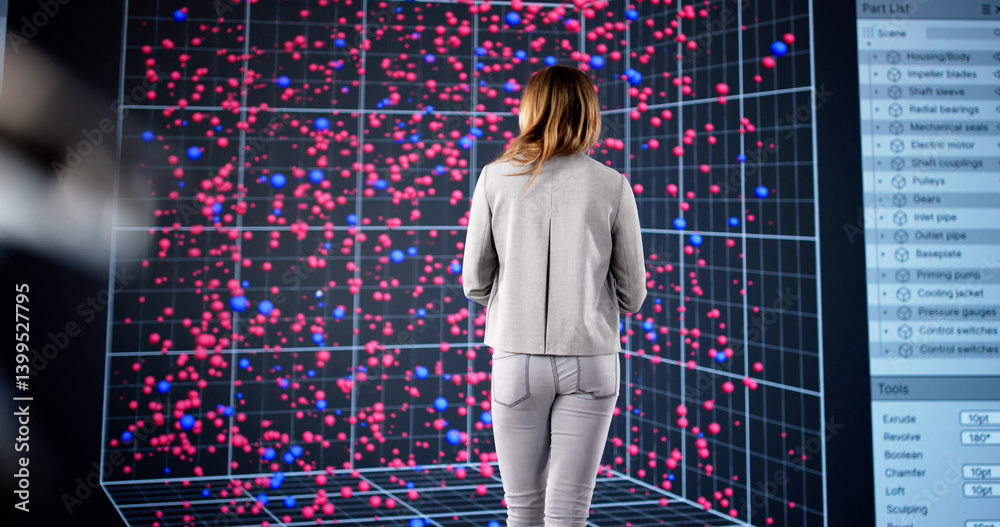 Female Analyst Monitors 3D Building Plan