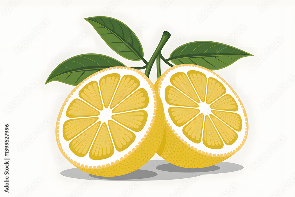 Two Halves of a Fresh Lemon with Green Leaves Two Halves of a Fresh Lemon with Green Leaves