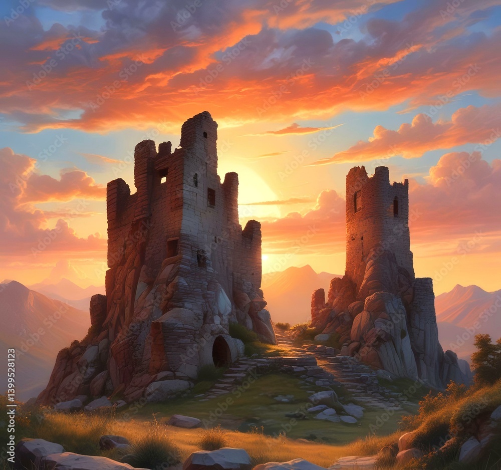 Fototapeta premium Illustration of landscape with old castle ruins.