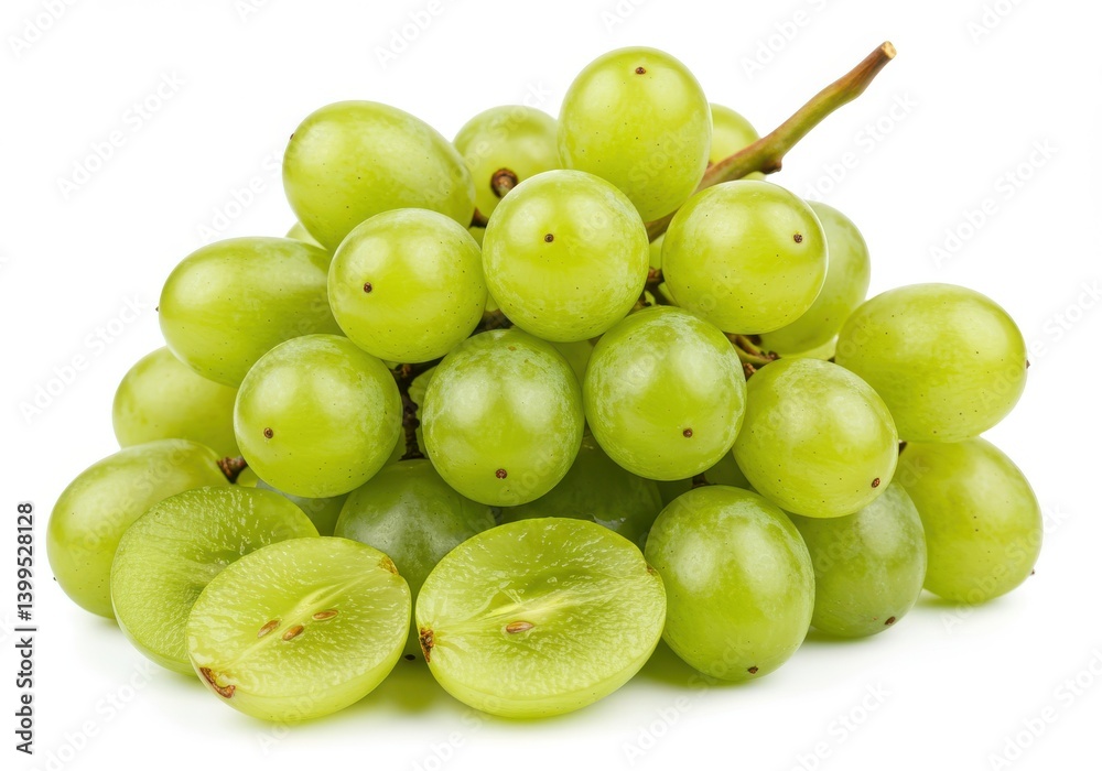 Close up of a bunch of green grapes with one grape sliced open, isolated on a white background Close up of a bunch of green grapes with one grape sliced open, isolated on a white background