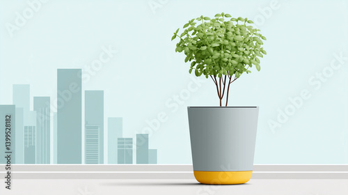 Single Potted Plant Against Blurred Cityscape Background
