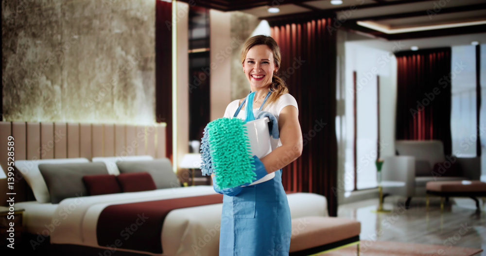 Smiling Housekeeper Happiness: Young Woman Cleaning Hotel Room