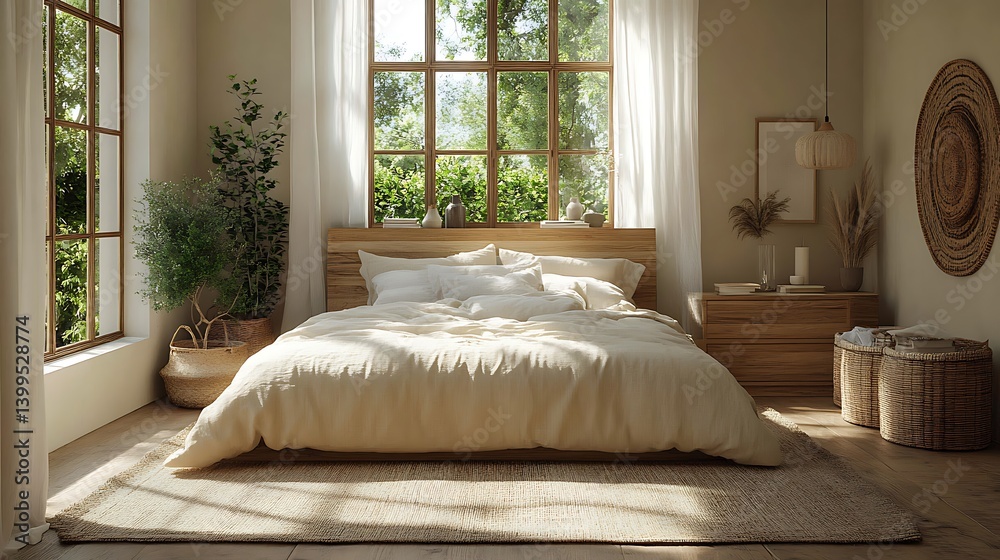 Serene bedroom interior with natural light, comfortable bedding, woven textures, wooden furniture, and lush greenery creating a relaxing atmosphere.