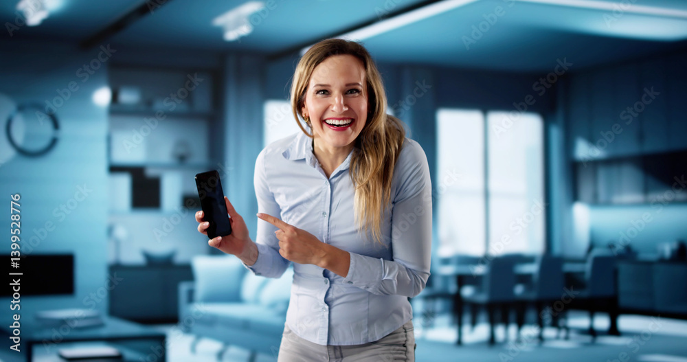 Excited Businesswoman Wearing A Blue Dress Speaks