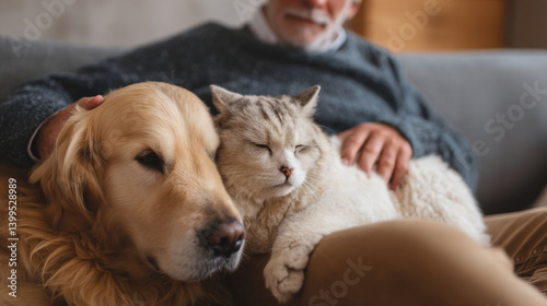 Wallpaper Mural Senior man relaxing with golden retriever dog and tabby cat on couch a heartwarming pet therapy moment Torontodigital.ca