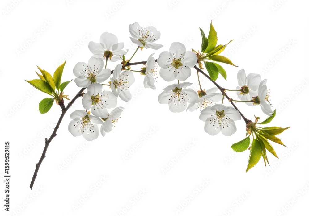 Branch of cherry blossoms with white petals and green leaves against a white background in springtime Branch of cherry blossoms with white petals and green leaves against a white background in springtime