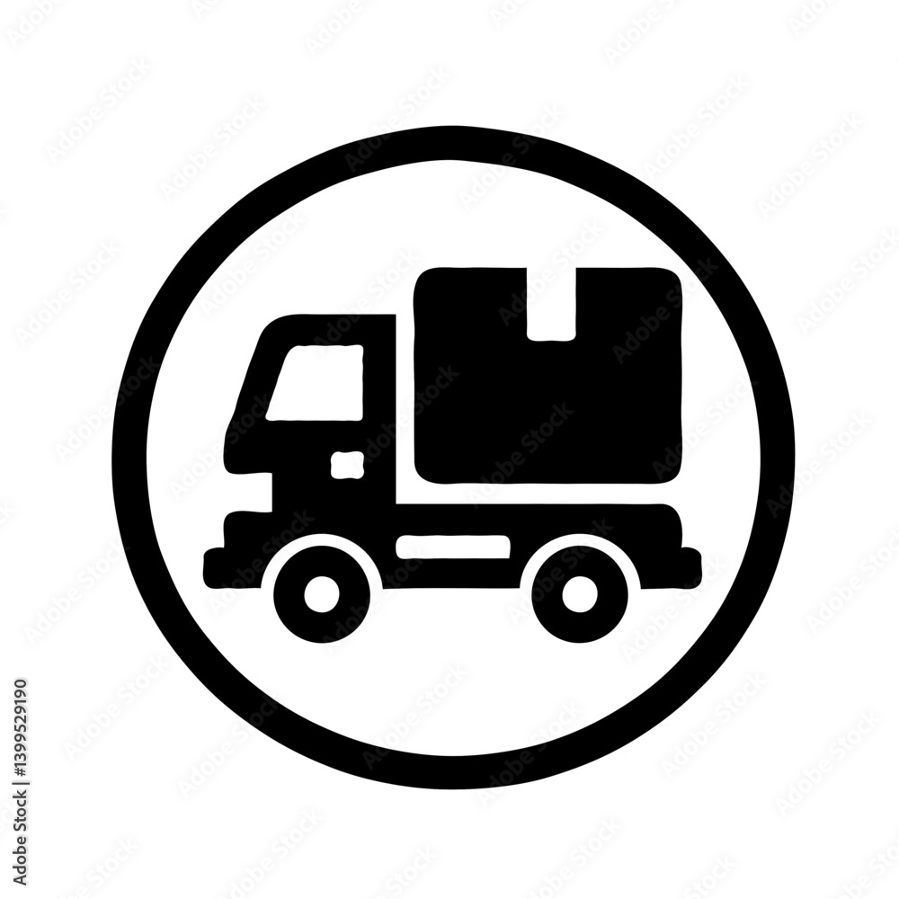 Delivery truck icon transporting goods in black and white Delivery truck icon transporting goods in black and white