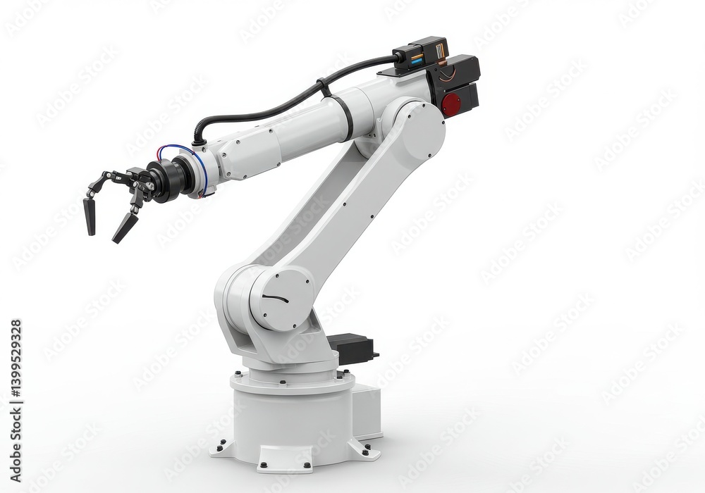A white industrial robot arm with a gripper on a white background in a studio setting showcase details A white industrial robot arm with a gripper on a white background in a studio setting showcase details