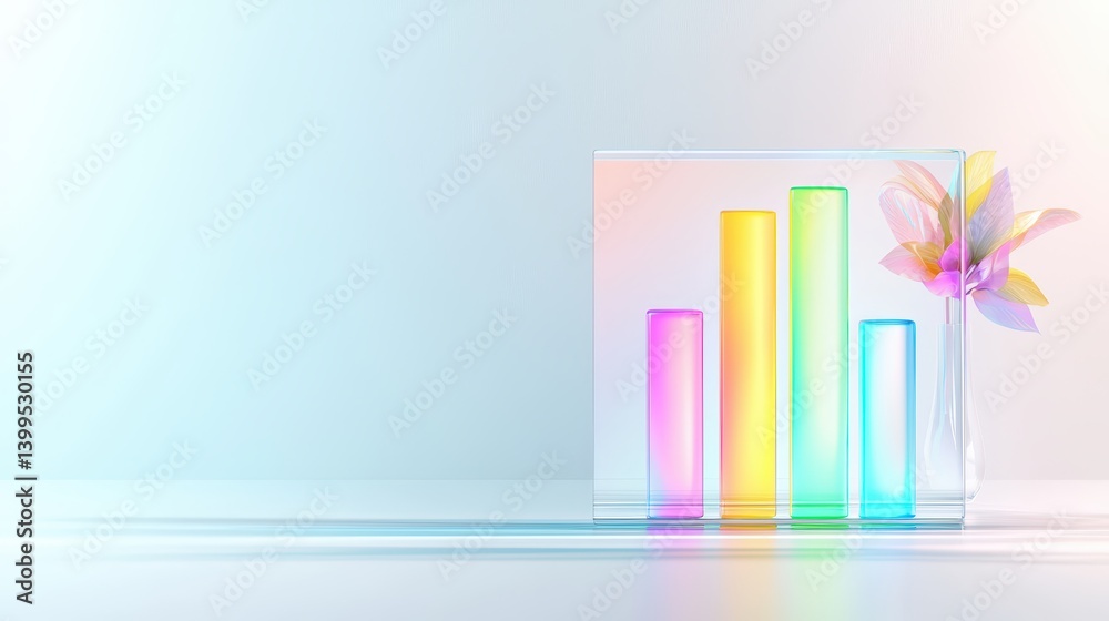 Obraz premium A vibrant bar chart displayed on a transparent glass screen placed in front of a soft gradient backdrop symbolizing data growth balanced composition with ample for text poster background advertising