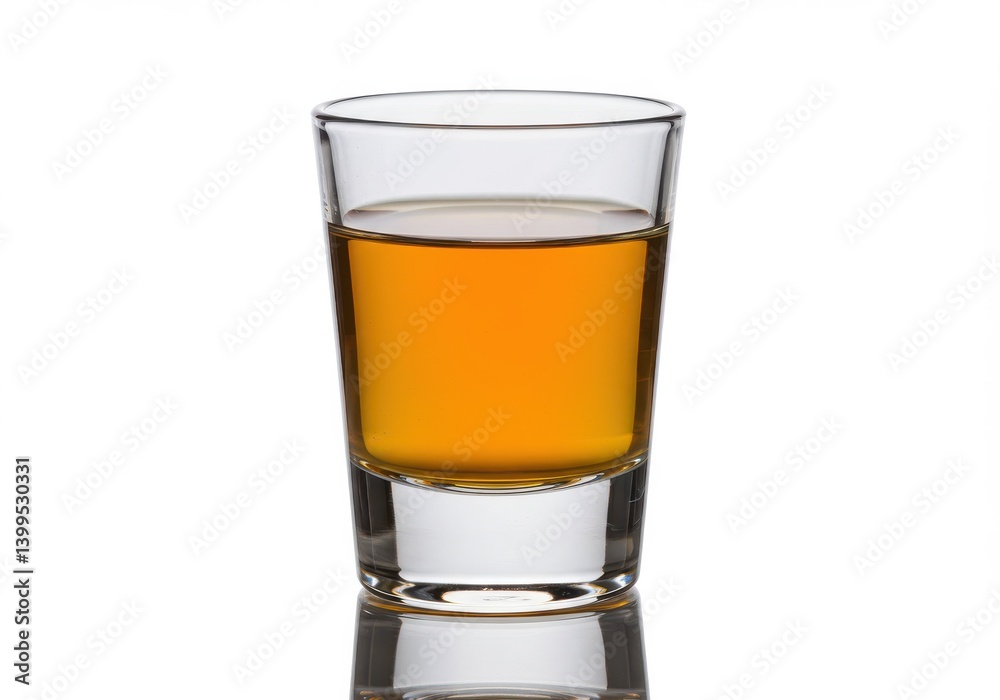 A shot glass filled with a golden liquid sitting on a reflective surface against a white background A shot glass filled with a golden liquid sitting on a reflective surface against a white background