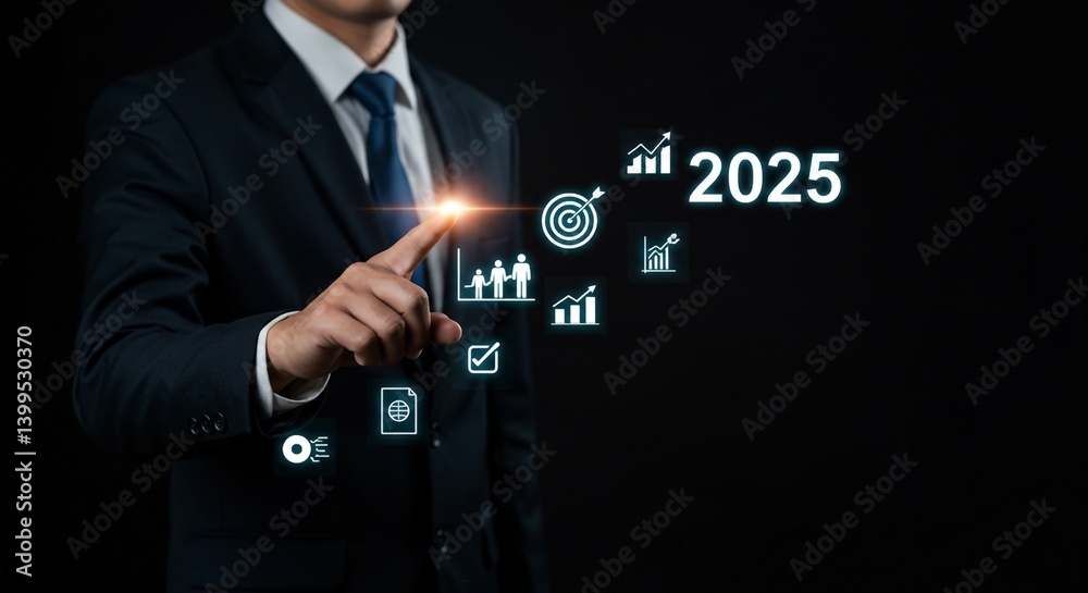 Obraz premium With ascending neon blue business growth icons leading to a glowing 