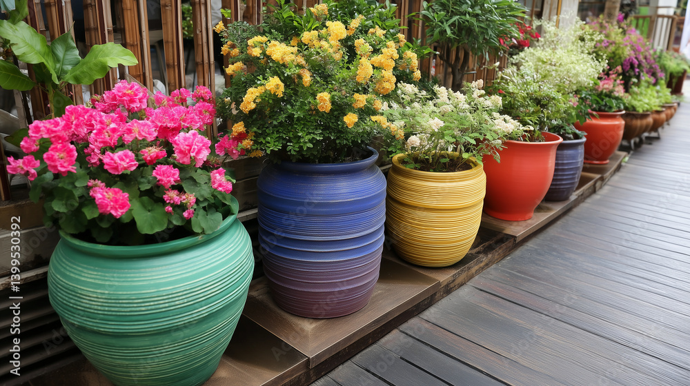 Fototapeta premium Row of Colorful Potted Plants in Outdoor Garden