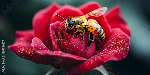 Detailed close-up of a bee atop a velvety red rose dusted with sparkling golden pollen