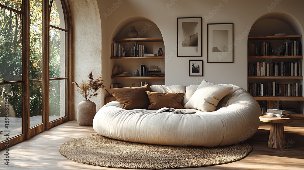Serene Home Interior Featuring a Comfortable Round Sofa, Arched Windows, Wooden Bookshelves, Natural Light, and Minimalist Decor Elements.
