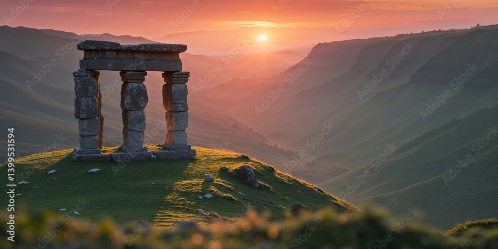 Fototapeta premium Ancient stone structure at sunset overlooking a valley.