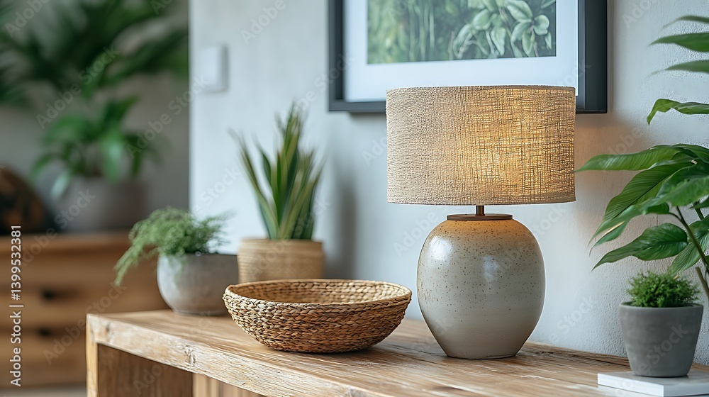 Serene Interior Decor with Rustic Wooden Table, Glowing Lamp, Woven Bowl, and Assorted Green Plants for a Calm Atmosphere.