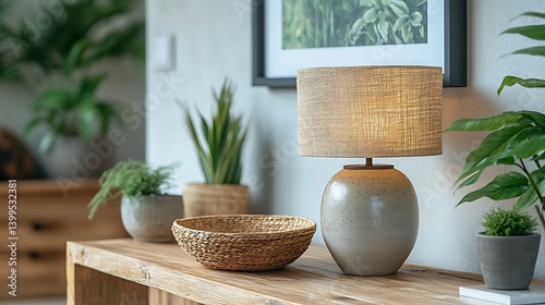 Obraz na płótnie Serene Interior Decor with Rustic Wooden Table, Glowing Lamp, Woven Bowl, and Assorted Green Plants for a Calm Atmosphere. w salonie