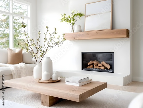 Tranquil and welcoming modern farmhouse inspired living space centered around a stone fireplace with a reclaimed wood mantel  Soft photo