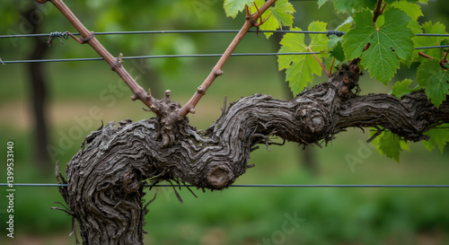 Old grapevine trunk with twisted bark and young green leaves on wire trellis. Vineyard cultivation for wine production and sustainable agriculture