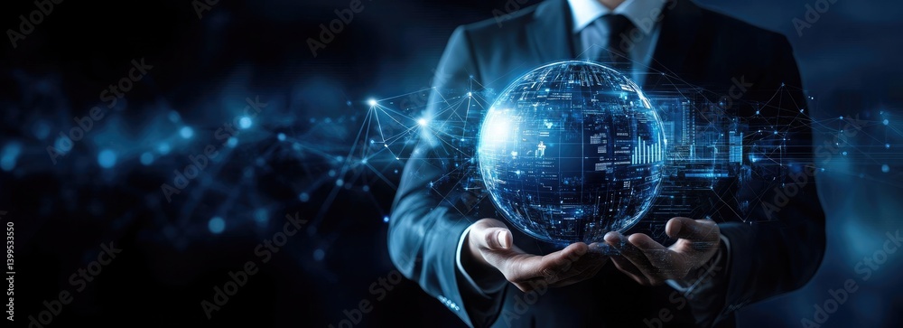 Businessman Hands Holding Glowing Digital Globe with Network on Dark Background Businessman Hands Holding Glowing Digital Globe with Network on Dark Background
