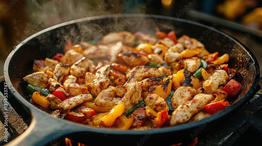 A cast iron skillet filled with sizzling chicken fajitas and grilled vegetables A cast iron skillet filled with sizzling chicken fajitas and grilled vegetables