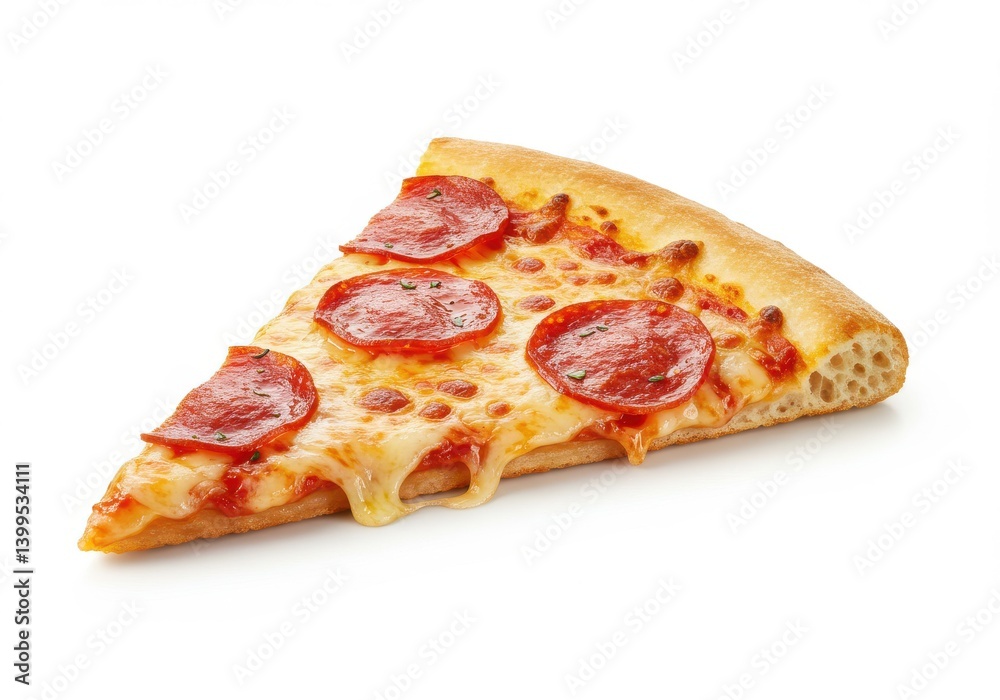 A single pepperoni pizza slice with melted cheese isolated on a white background in high resolution A single pepperoni pizza slice with melted cheese isolated on a white background in high resolution