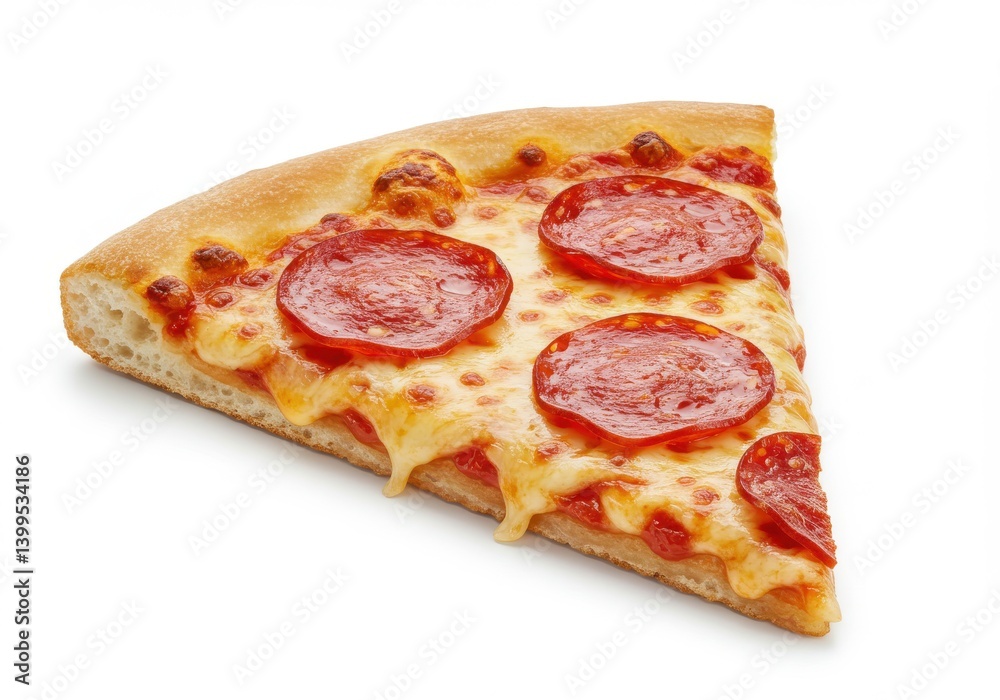 A single slice of pepperoni pizza with melted cheese on a plain white background in a studio shot A single slice of pepperoni pizza with melted cheese on a plain white background in a studio shot