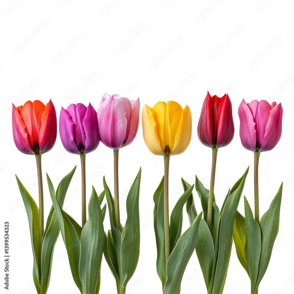 A vibrant row of colorful tulip flowers against a transparent background showcasing their beauty in springtime, row of colorful tulip flowers, file of isolated object on transparent background A vibrant row of colorful tulip flowers against a transparent background showcasing their beauty in springtime, row of colorful tulip flowers, file of isolated object on transparent background