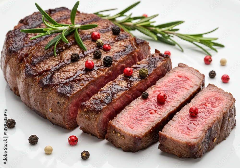 Close up of sliced steak with rosemary and peppercorns on a white plate showing medium rare meat Close up of sliced steak with rosemary and peppercorns on a white plate showing medium rare meat