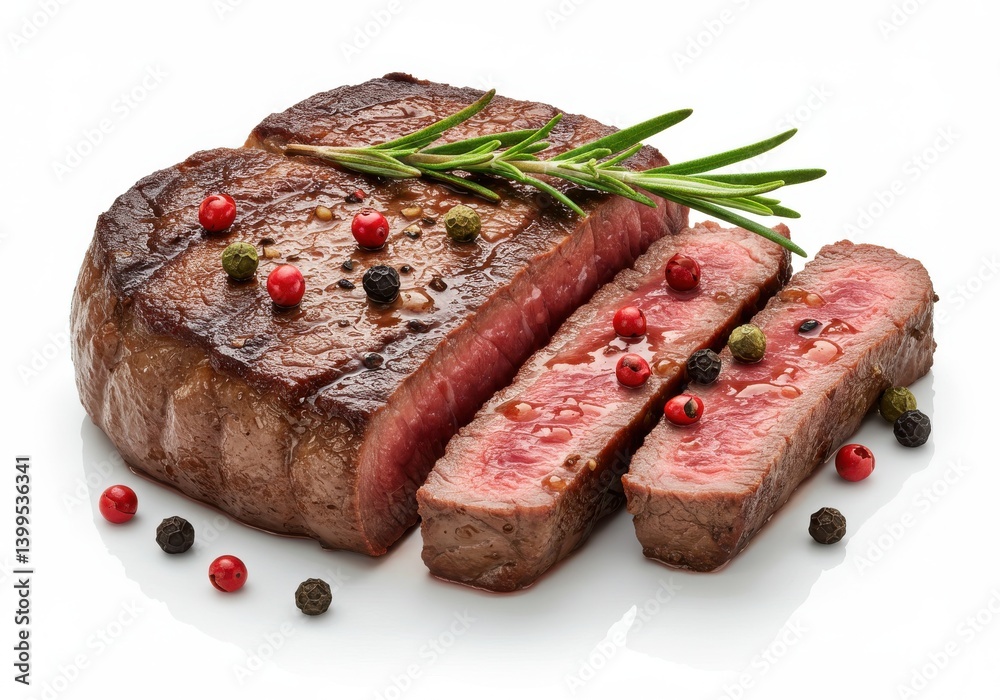 Close up of sliced medium rare steak garnished with rosemary and peppercorns on a white background Close up of sliced medium rare steak garnished with rosemary and peppercorns on a white background