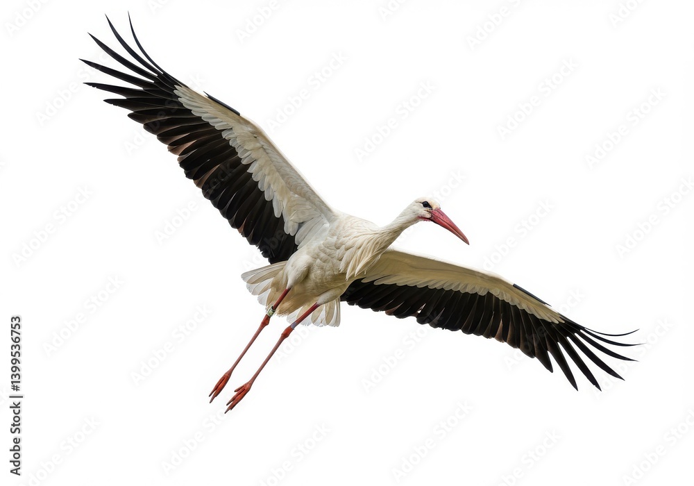 Naklejka premium A white stork soars through the air with its wings spread wide against a plain white background space