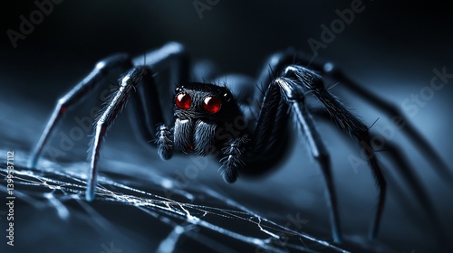 Close-up spider on web in dark, ominous background