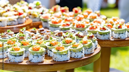 Sushi platter outdoors, buffet style, people in background.  Possible use stock photo for food, events, catering, or restaurants