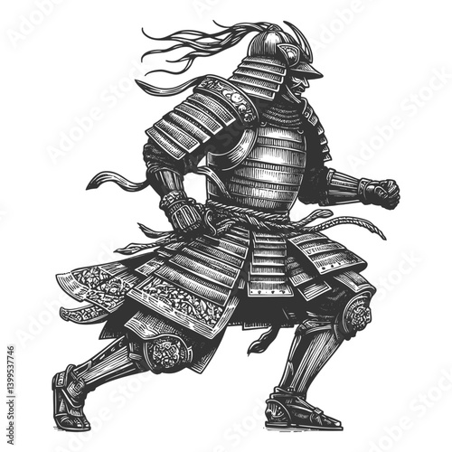 traditional samurai warrior wearing full armor, holding a katana, historical Japanese culture sketch engraving generative ai vector illustration. Scratch board imitation. Black and white image.