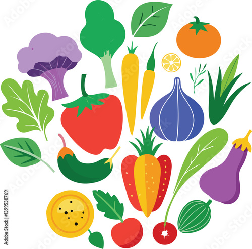 Set hand drawn colorful vegetables. Modern abstract minimal style. Healthy organic food. Salad, tomato, onion, zucchini, eggplant, leek, radish, potato, corn, peppers, beet. Vector flat illustration