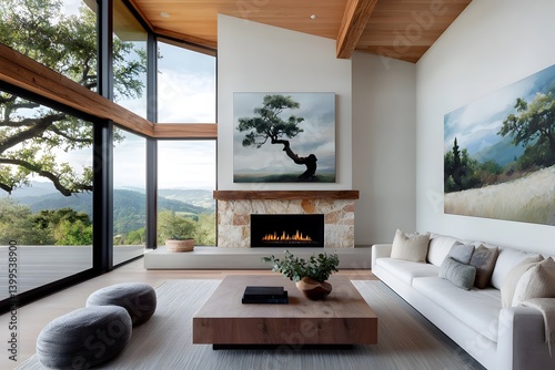 Warm and welcoming farmhouse inspired living room featuring natural wood accents overstuffed linen sofa hand woven textiles stone mantelpiece with crackling fireplace