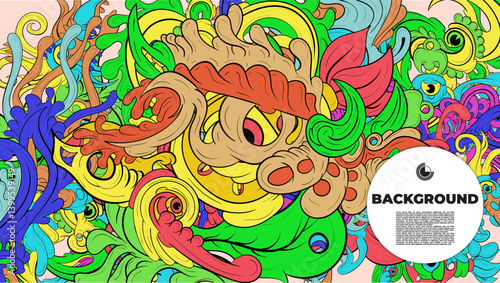 Playful Cartoon Monster Character with Tentacles, Eyes, Feathers, and Leaves – Fun Fantasy Wallpaper Design