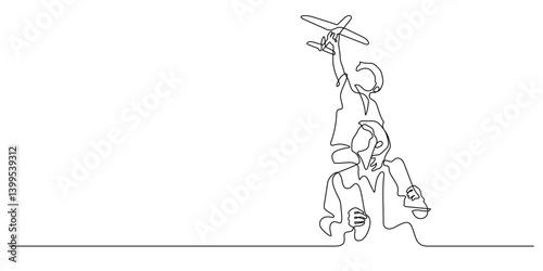 son sitting on father shoulders playing toy plane one line