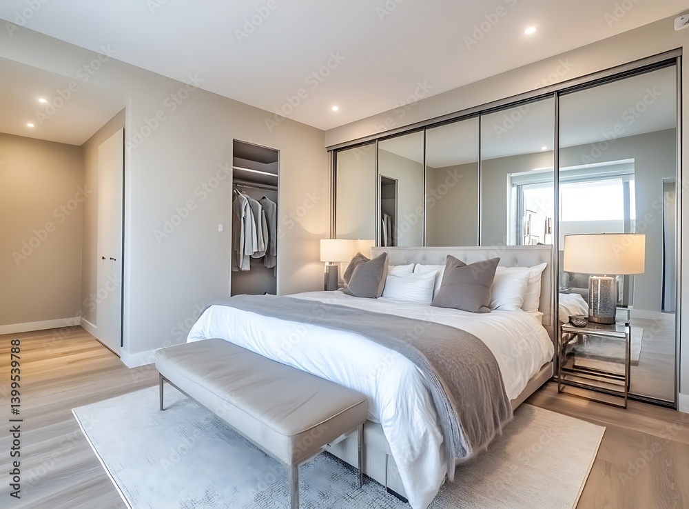 A luxurious bedroom with a large bed, a white and grey color scheme, beige walls, a floor-to-ceiling mirrored wardrobe on the right side of the room, A luxurious bedroom with a large bed, a white and grey color scheme, beige walls, a floor-to-ceiling mirrored wardrobe on the right side of the room,