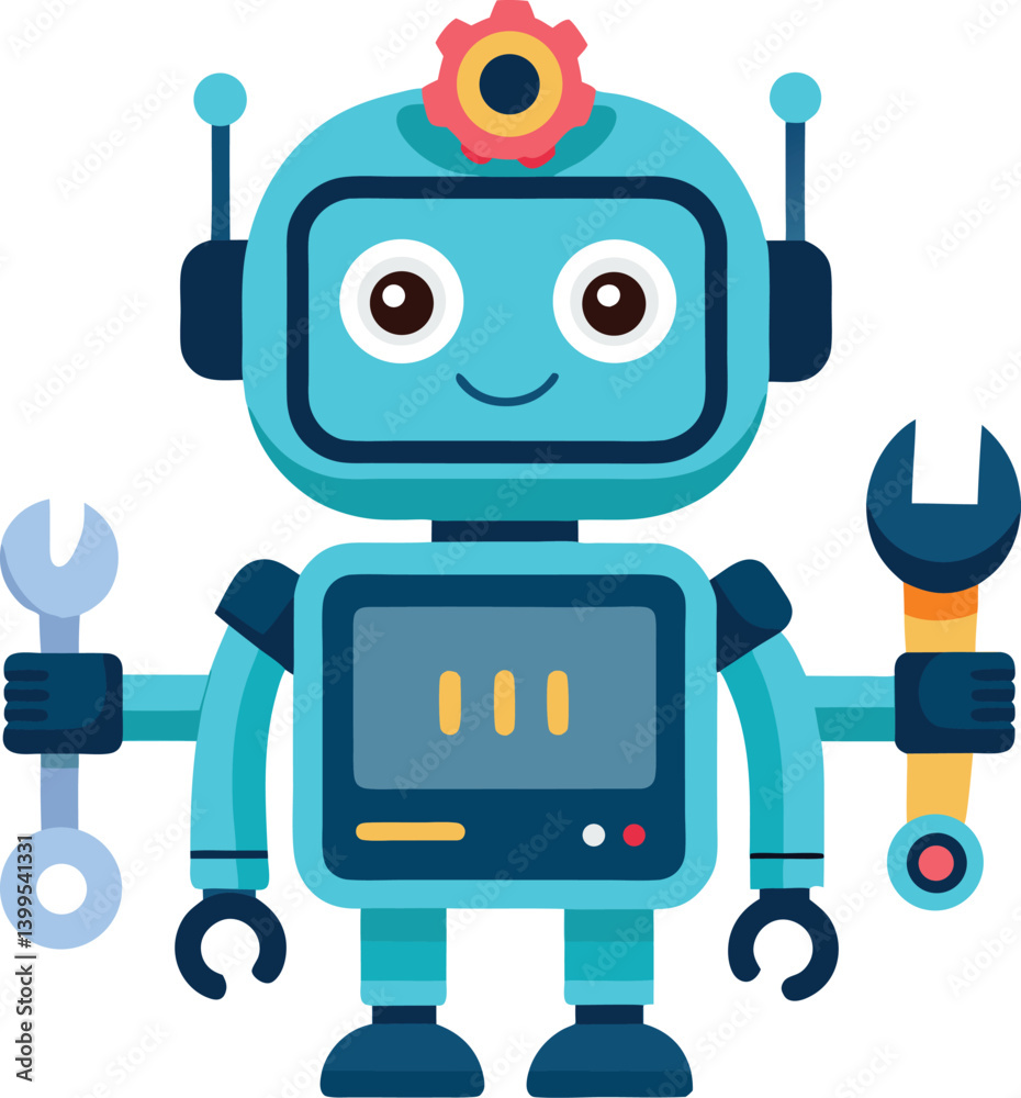 Naklejka premium Cute robot with tools and screen face. Tech helper for sci-fi, automation, and futuristic concepts