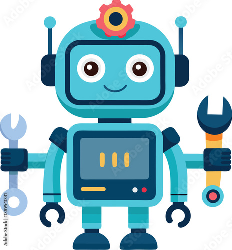 Cute robot with tools and screen face. Tech helper for sci-fi, automation, and futuristic concepts