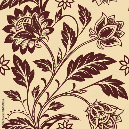 Floral vector seamless pattern in vintage style on beige background  
