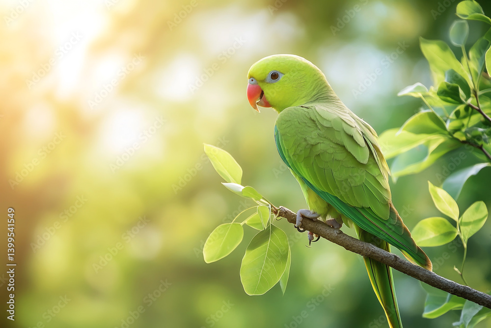 Obraz premium A beautiful green parrot sits on a tree branch with leaves in a blurred background.