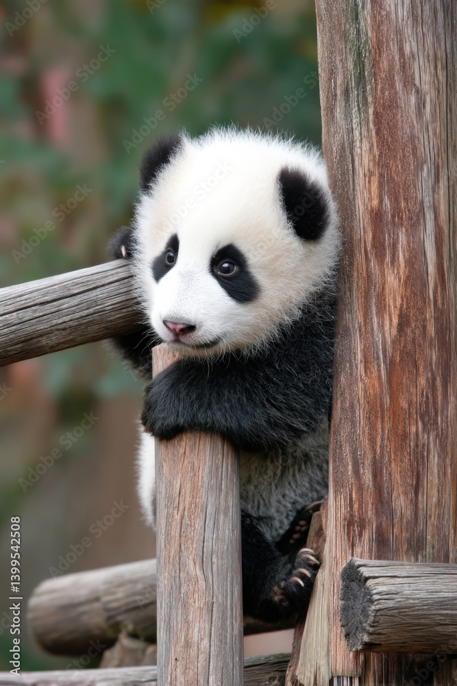 Obraz premium Playful baby panda climbing wooden structure in China