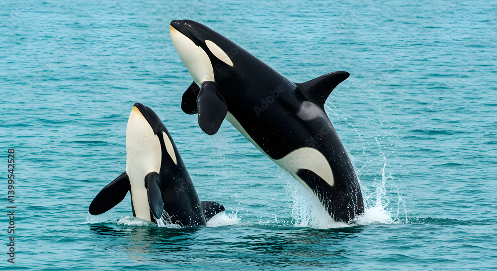 Obraz premium Family pod of Orcas, including a calf, swimming near the surface of the ocean, their dorsal fins breaking the water.