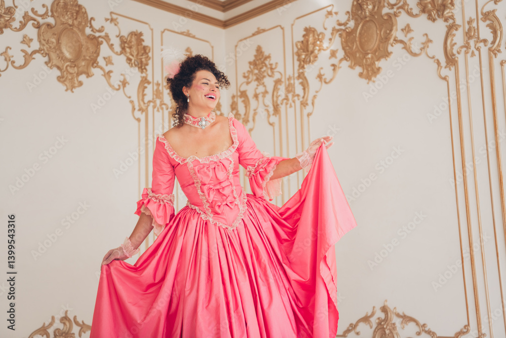 Elegant woman in pink baroque dress smiling in ornate historic room Elegant woman in pink baroque dress smiling in ornate historic room