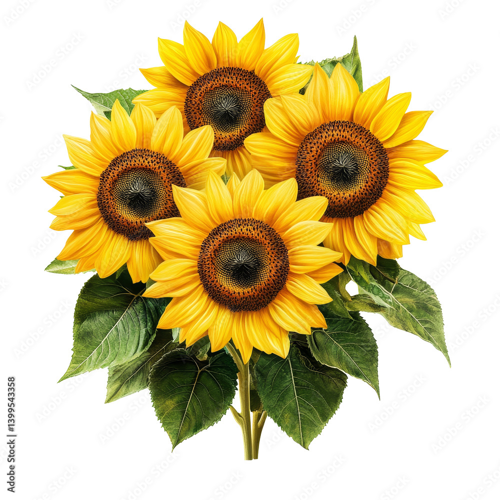 Fototapeta premium A vibrant arrangement of sunflowers with green leaves on a clean transparent background, capturing the beauty of nature, sunflowers isolated on transparent background