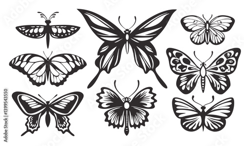 Black Butterfly Silhouettes Vector Collection,  Elegant Lepidoptera Clipart