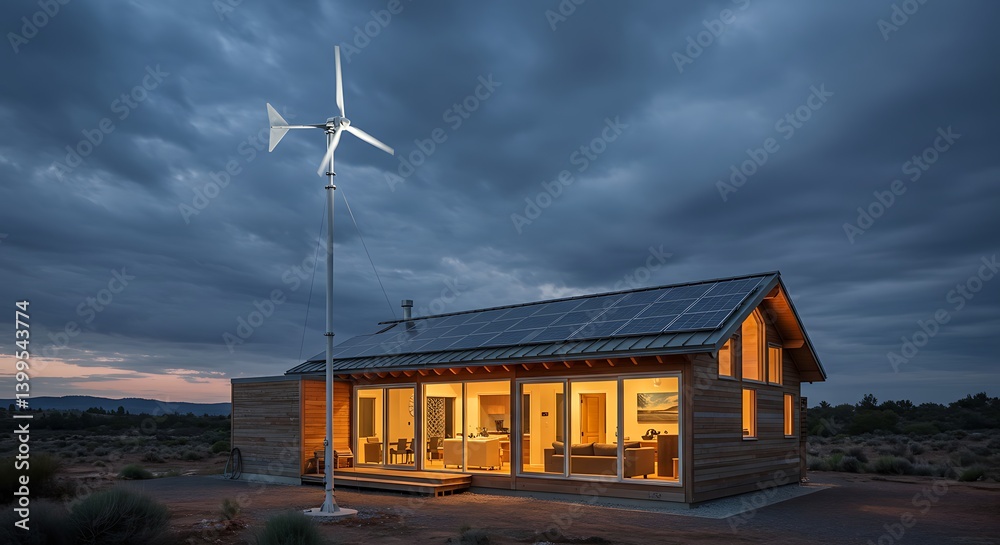 Obraz premium Eco-Friendly Home Powered by Wind and Solar at Dusk