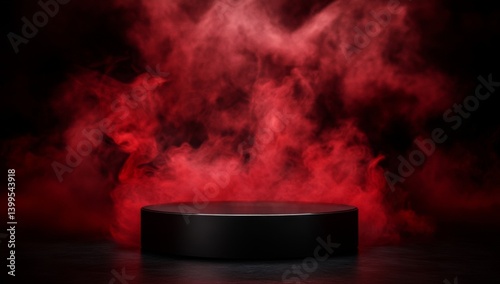 Wallpaper Mural Dark, red smoky stage backdrop with round black podium Torontodigital.ca